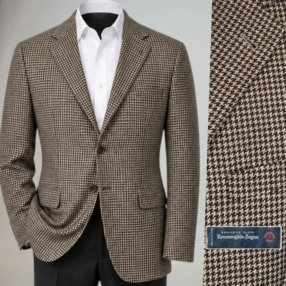 Vintage Zegna x Cambridge Wool Cashmere 46-48L Black Tan Houndstooth Sport Coat